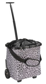 Einkaufstrolley mit Leopardenmuster, Teleskopgriff und Rädern, seitliche Perspektive