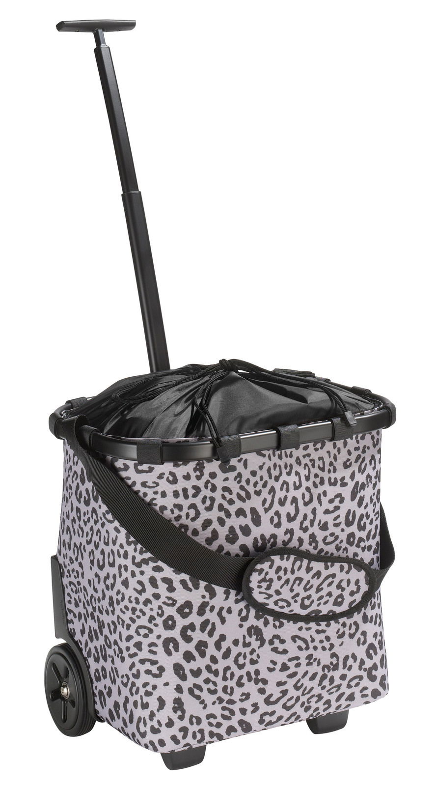 Einkaufstrolley mit Leopardenmuster, Teleskopgriff und Rädern, seitliche Perspektive