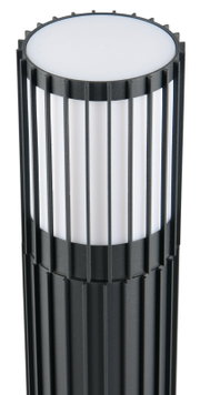 Close-up van een moderne buitenplintlamp met verticale steunen en een cilindrisch ontwerp.