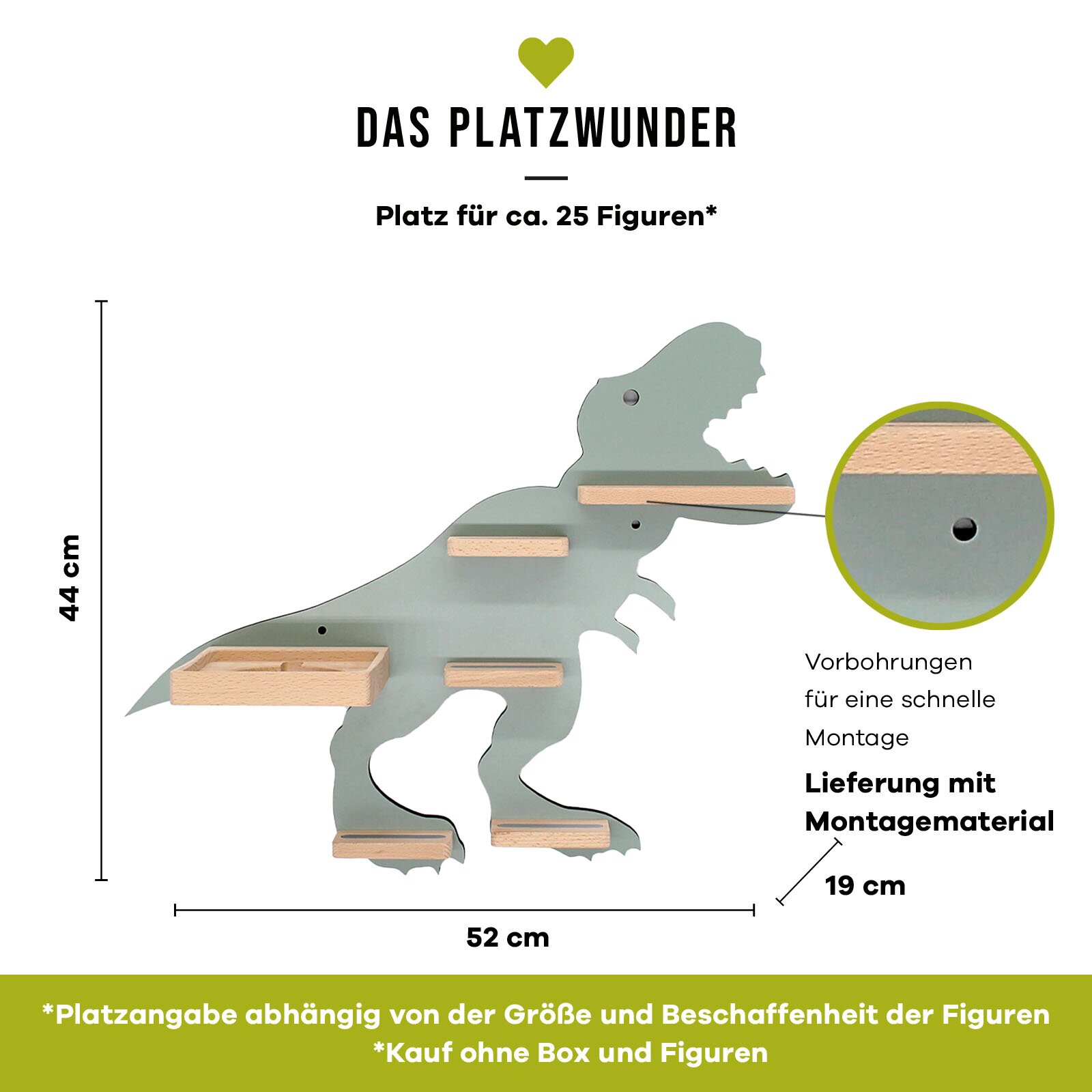 Frontansicht eines dinosaurierförmigen Wandregals in Grün-Grau mit mehreren Holzablagen, ca. 52 x 44 cm, mit Vorbohrungen und Montagematerial, Platz für ca. 25 Figuren