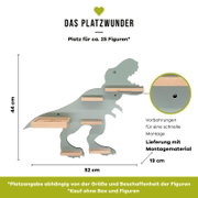 Frontansicht eines dinosaurierförmigen Wandregals in Grün-Grau mit mehreren Holzablagen, ca. 52 x 44 cm, mit Vorbohrungen und Montagematerial, Platz für ca. 25 Figuren