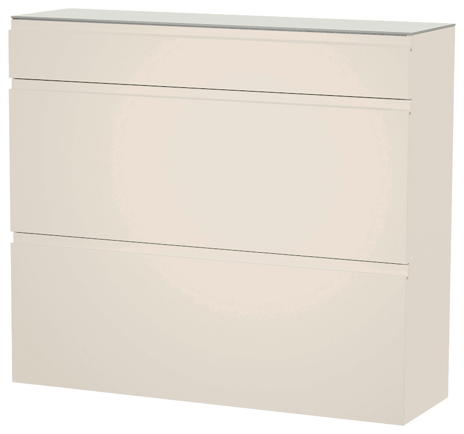 Hängeschuhschrank in cremeweißer Farbe mit drei Klappen, seitliche Perspektive