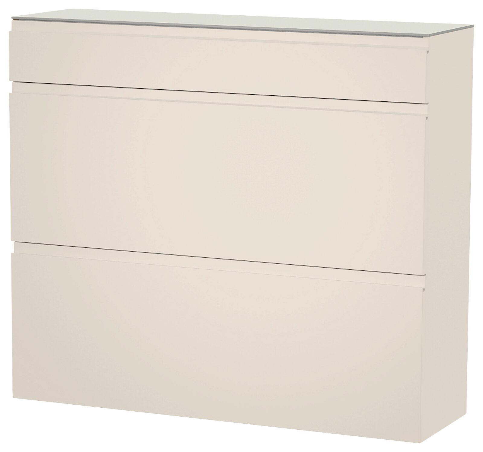 Hängeschuhschrank in cremeweißer Farbe mit drei Klappen, seitliche Perspektive