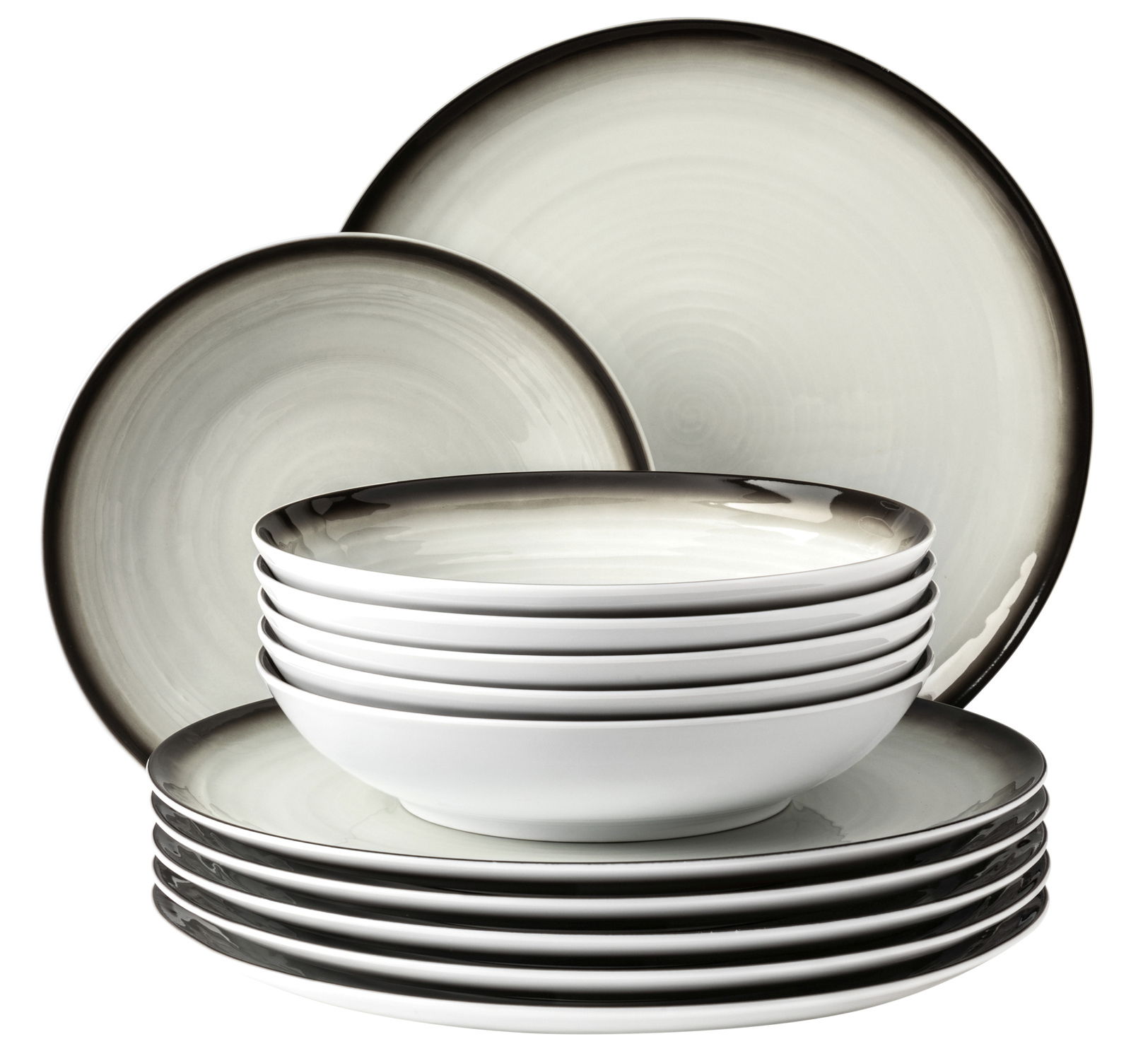Tafelservice 12-tlg. in moderner, eleganter Optik mit grauen Rändern, seitliche Perspektive