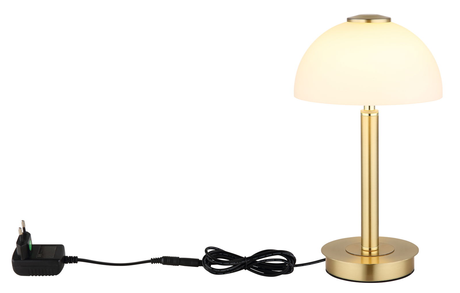 Elegante Tischleuchte mit goldenem Standfuß und weißem Lampenschirm, seitliche Perspektive.