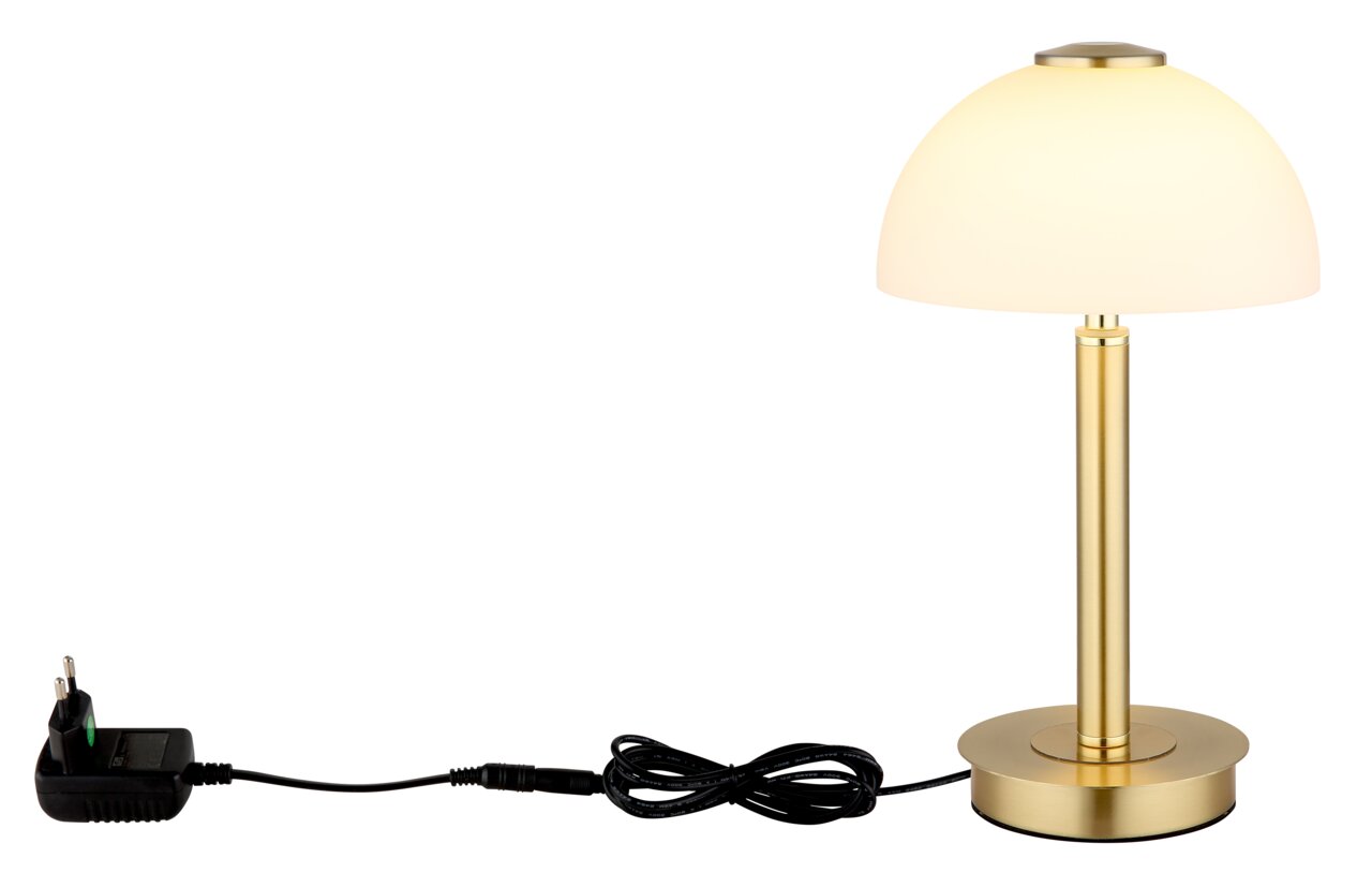 Elegante Tischleuchte mit goldenem Standfuß und weißem Lampenschirm, seitliche Perspektive.