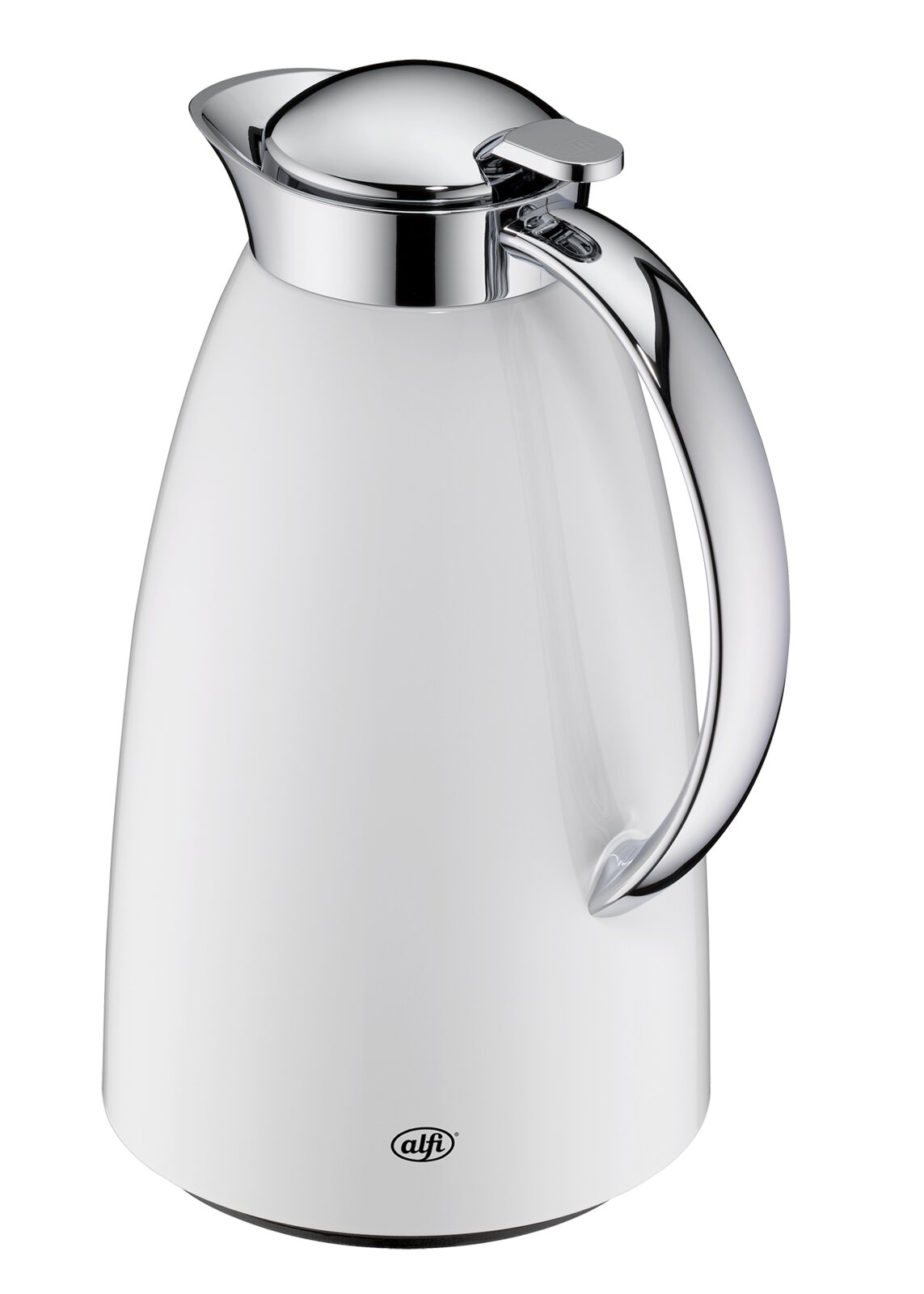 Weiße Isolierkanne/thermische Kaffeekanne mit glänzendem Chromdeckel und ergonomischem Griff, Produktfoto in leichter Dreiviertelansicht von vorn (rechts), freigestellt auf schwarzem Hintergrund.