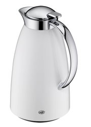Weiße Isolierkanne/thermische Kaffeekanne mit glänzendem Chromdeckel und ergonomischem Griff, Produktfoto in leichter Dreiviertelansicht von vorn (rechts), freigestellt auf schwarzem Hintergrund.