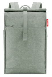 Grauer urbaner Rolltop-Rucksack von vorne mit rotem Logo-Tag an der Seite.