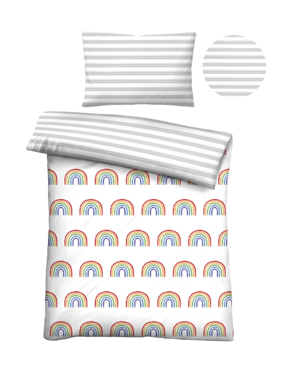 Bettwäsche-Set mit Regenbogenmuster und gestreiftem Kissenbezug, Draufsicht