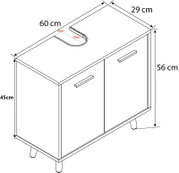 Technische Maßzeichnung eines kompakten Bad-Unterschranks mit zwei Türen und Griffen, oben mit U-förmigem Siphonausschnitt (ca. 19 × 9 cm), Maße ca. 60 × 29 × 56 cm; dargestellt in schräger Perspektive von oben/vorne.