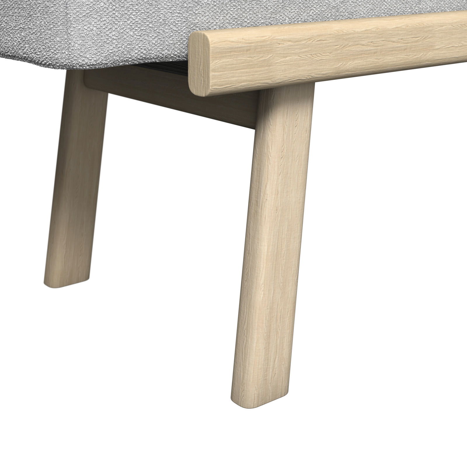 Nahaufnahme einer Sitzbank mit hellen Holzbeinen und grauem Polster, seitliche Perspektive