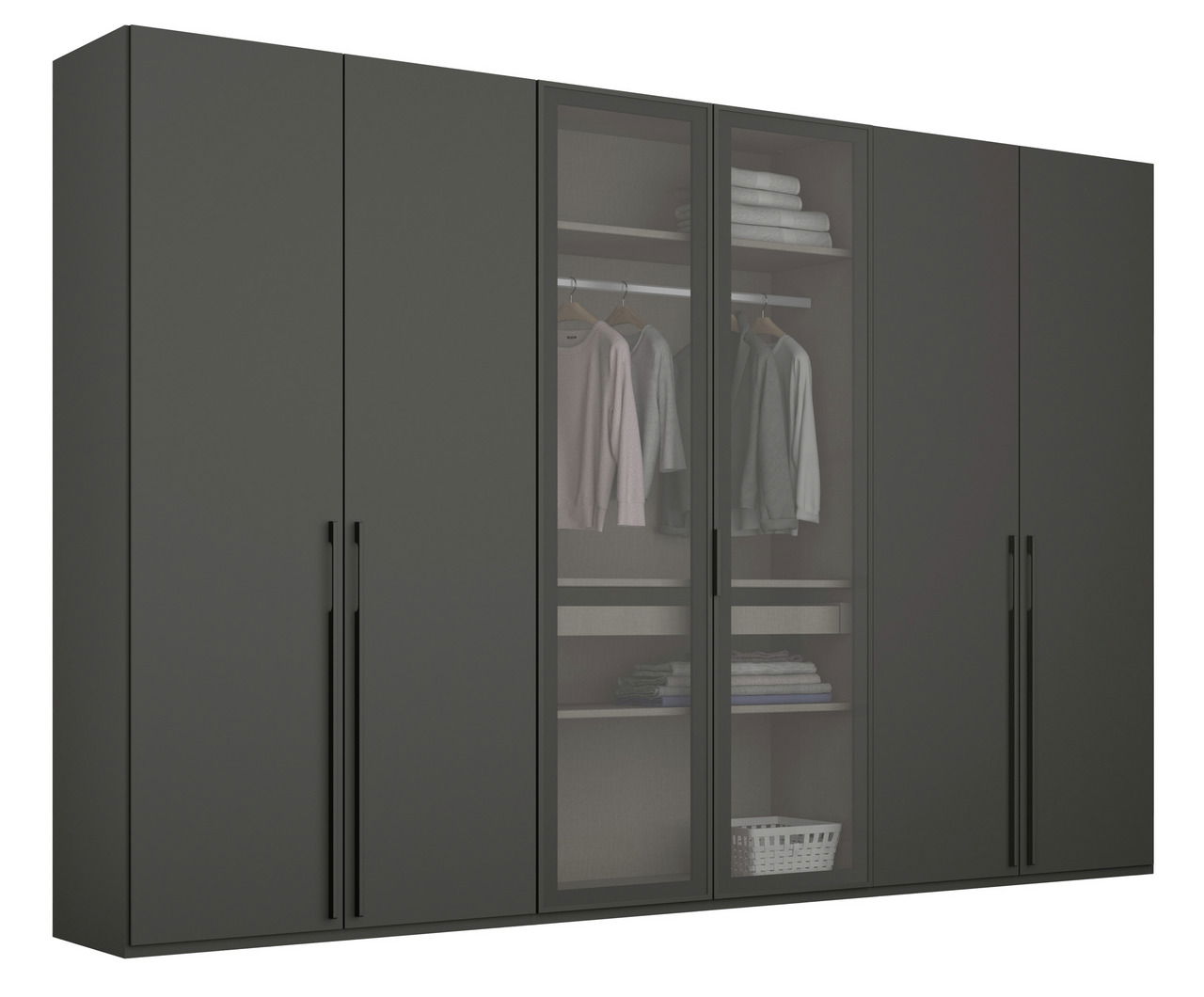 Sechstüriger Drehtürenschrank in dunklem Design mit zwei Glastüren in der Mitte, die einen Blick auf hängende Kleidung und Regale mit gefalteten Textilien bieten. Frontalansicht.