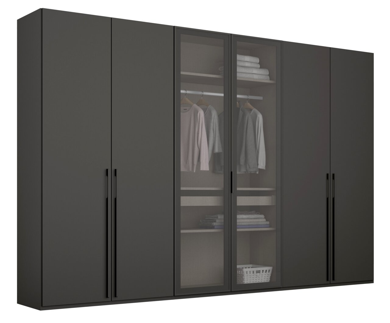 Kast met zes draaideuren in een donkere uitvoering, met twee glazen deuren in het midden die zicht bieden op hangende kleding en planken met opgevouwen textiel. Vooraanzicht.
