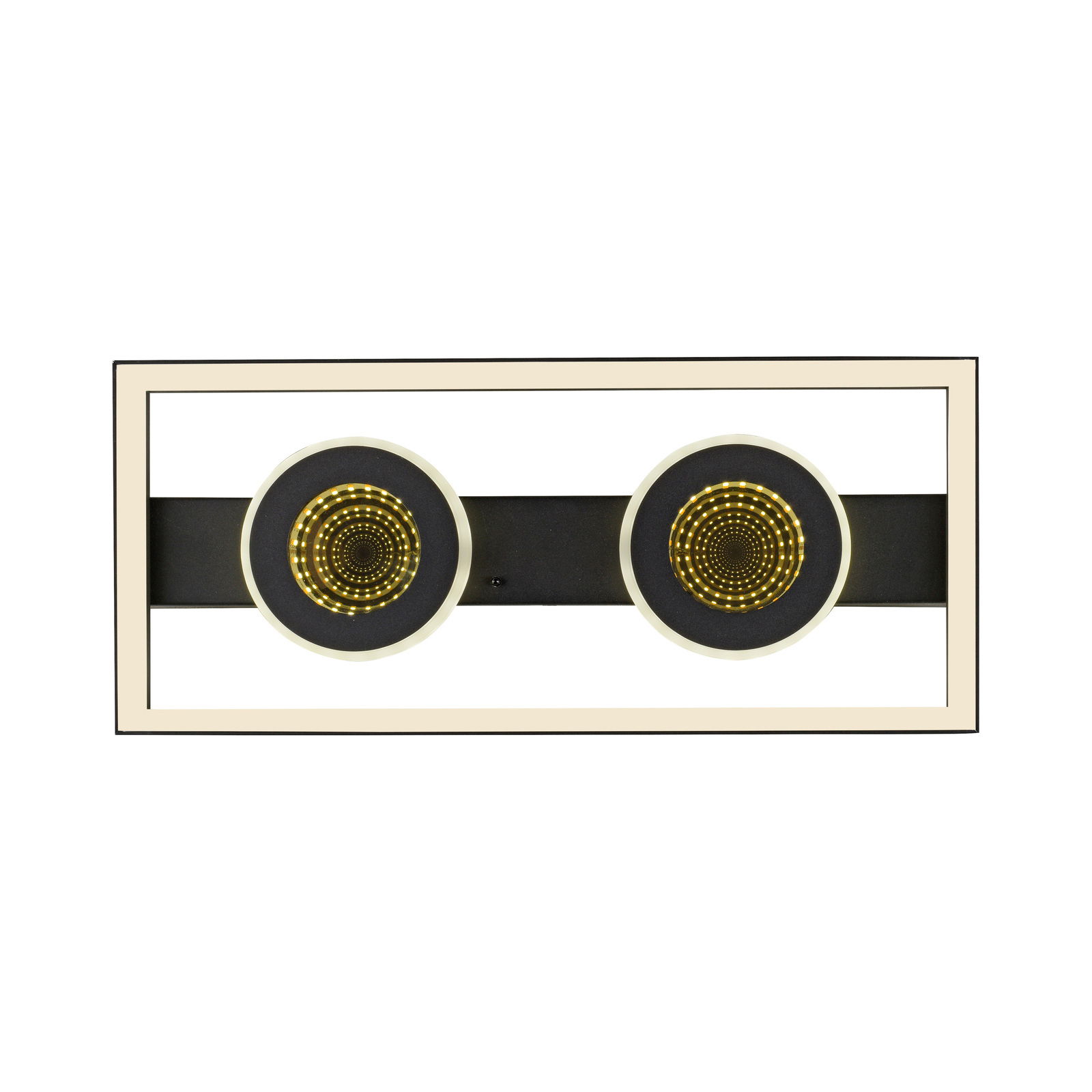 LED-Deckenleuchte mit zwei runden Leuchtelementen in einem rechteckigen Rahmen, Ansicht von vorne