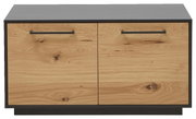Frontale Ansicht einer modernen Bank mit Holzoptik und schwarzen Griffen.