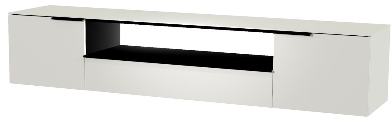 Frontansicht eines weißen XL Hänge-Lowboards mit offenem Fach in der Mitte.