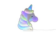 Leuchtende LED-Dekolampe in Einhornform mit irisierendem Farbverlauf und 3D-Effekt, auf weißem Sockel mit Kabel, Frontansicht vor weißem Hintergrund