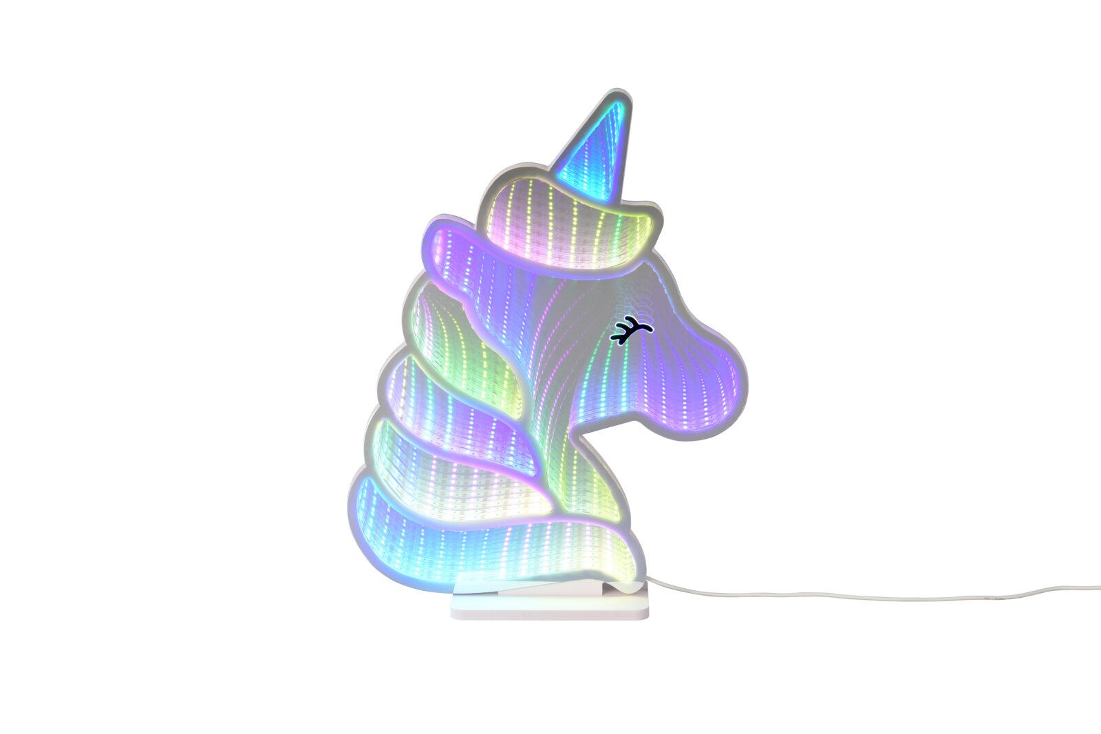 Leuchtende LED-Dekolampe in Einhornform mit irisierendem Farbverlauf und 3D-Effekt, auf weißem Sockel mit Kabel, Frontansicht vor weißem Hintergrund