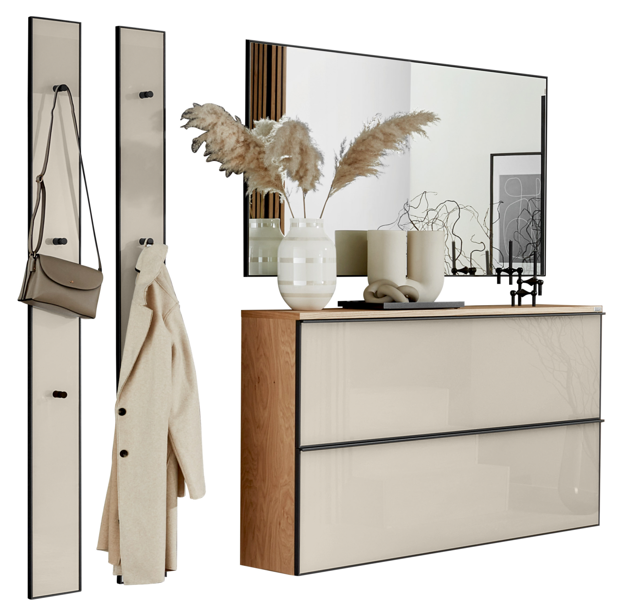Dieter Knoll Garderoben-Set 5-tlg. ATINA Moderne Garderoben- und Flurkomposition in Frontansicht: zwei schmale Wandpaneele mit Haken (Tasche und Mantel) neben einer hängenden Kommode mit zwei grifflosen, hellen Fronten und Holzseiten, darüber großer Spiegel mit Deko-Vasen.