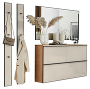 Moderne Garderoben- und Flurkomposition in Frontansicht: zwei schmale Wandpaneele mit Haken (Tasche und Mantel) neben einer hängenden Kommode mit zwei grifflosen, hellen Fronten und Holzseiten, darüber großer Spiegel mit Deko-Vasen.