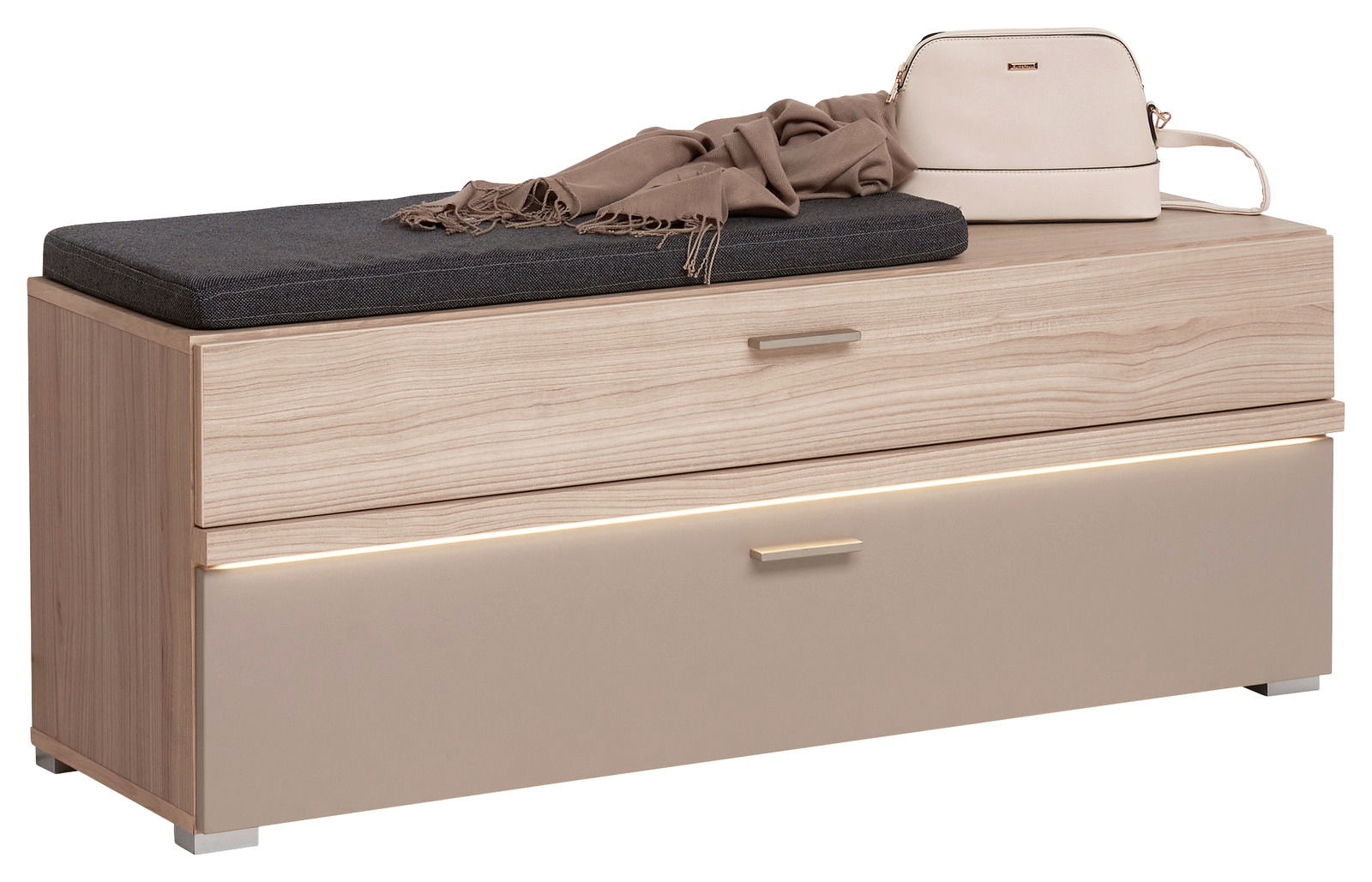 Garderobenbank aus Holz mit beiger Front und grauem Sitzkissen, seitliche Perspektive