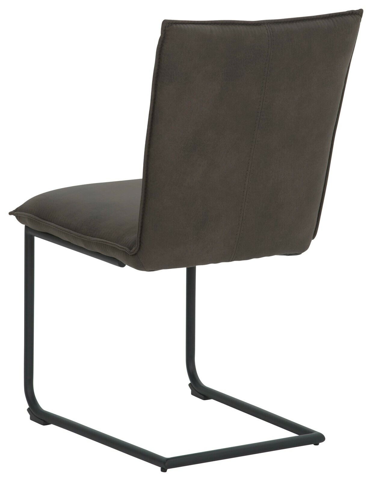 Rückansicht eines Freischwinger-Stuhls der Serie SCALA von Valnatura in dunklem Stoffbezug mit schwarzem Metallgestell.