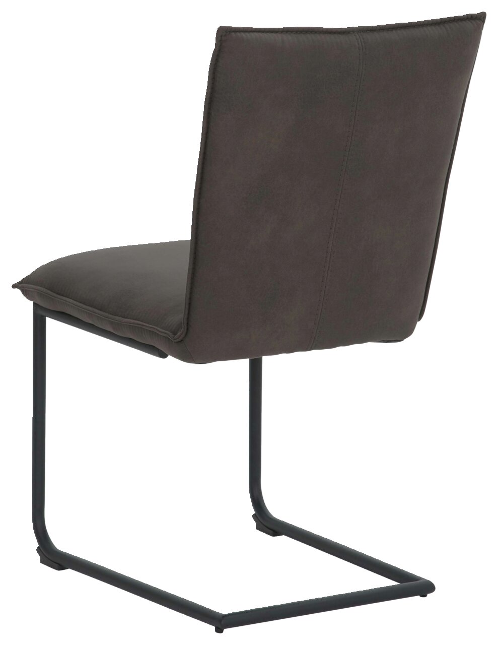 Achterkant van een zweefstoel uit de SCALA-serie van Valnatura, met een donkere stoffen bekleding en een zwart metalen frame.