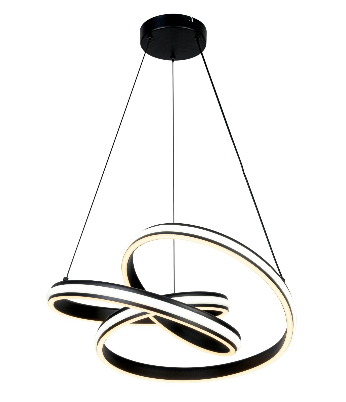 Moderne LED-Hängeleuchte mit geschwungenem Design, seitliche Perspektive