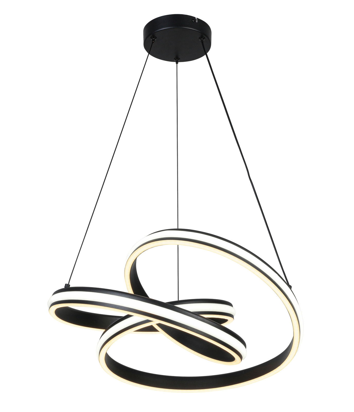 Moderne LED-Hängeleuchte mit geschwungenem Design, seitliche Perspektive