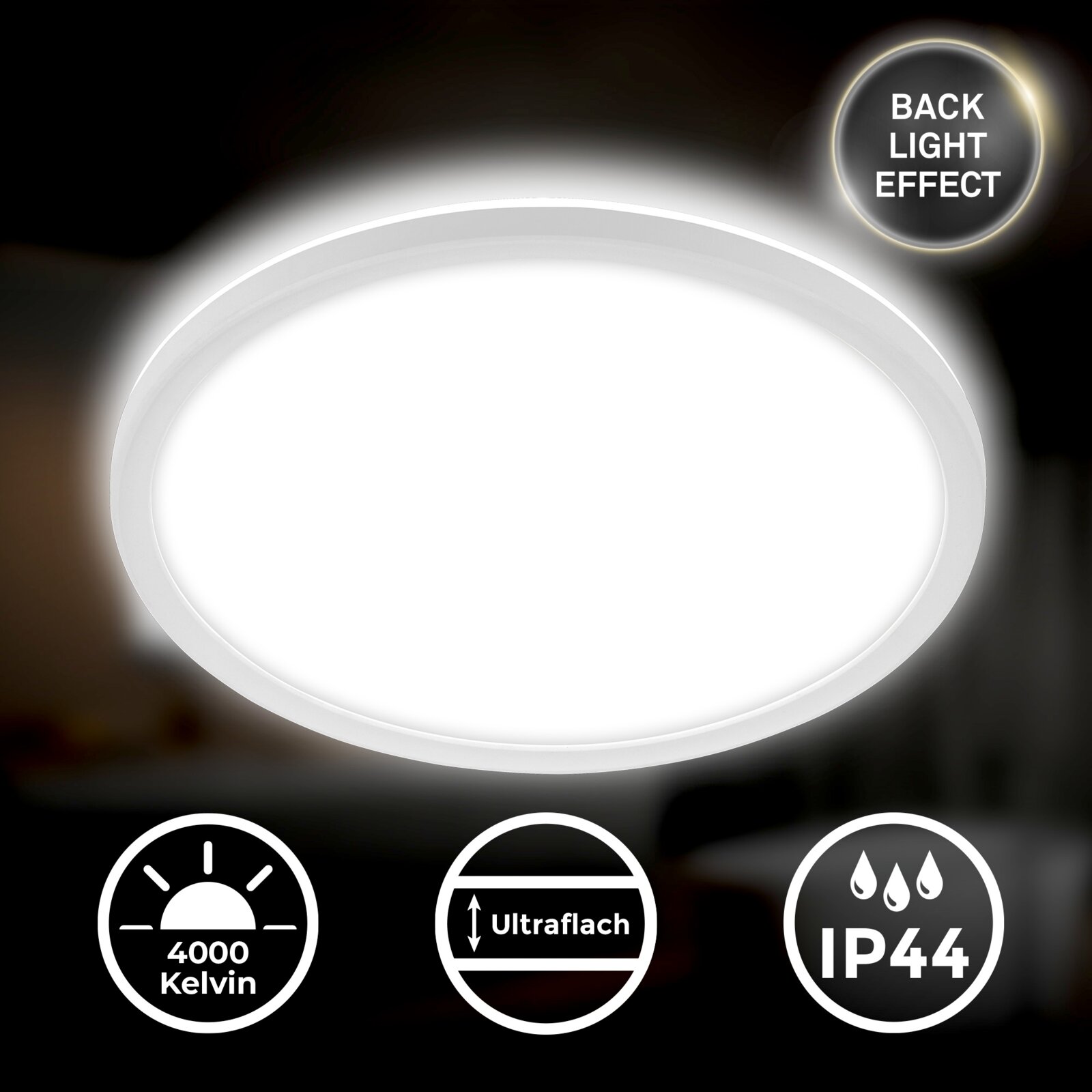 Ovale ultradunne LED-plafondlamp met backlight-effect, 4000K neutraal wit en IP44 spatwaterdicht, getoond in bovenaanzicht op donkere achtergrond.