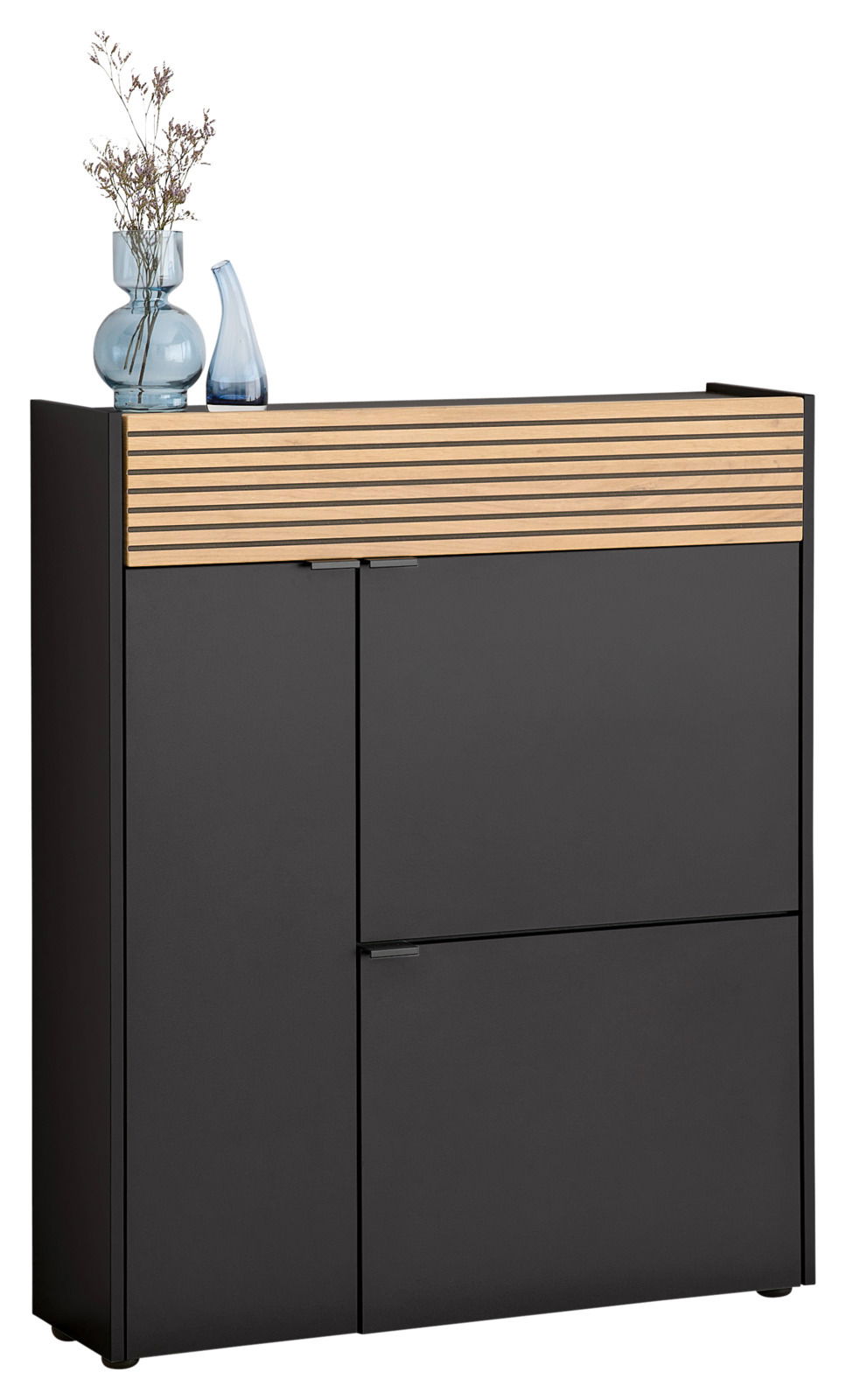 Voleo Schuhschrank RIO Moderner Schuhschrank Voleo Mehrzweckschrank RIO in dunklem Design mit Holzlamellen, dekoriert mit Vasen, seitliche Perspektive