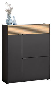 Moderner Schuhschrank Voleo Mehrzweckschrank RIO in dunklem Design mit Holzlamellen, dekoriert mit Vasen, seitliche Perspektive