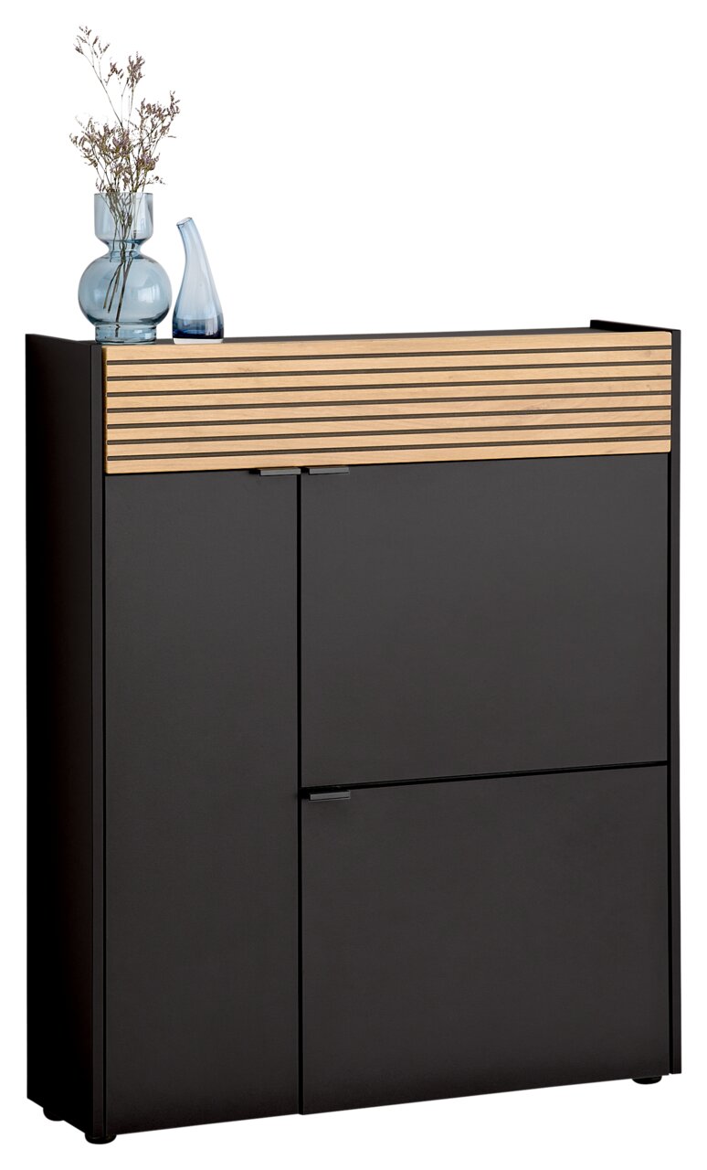 Voleo Schuhschrank RIO Moderner Schuhschrank Voleo Mehrzweckschrank RIO in dunklem Design mit Holzlamellen, dekoriert mit Vasen, seitliche Perspektive