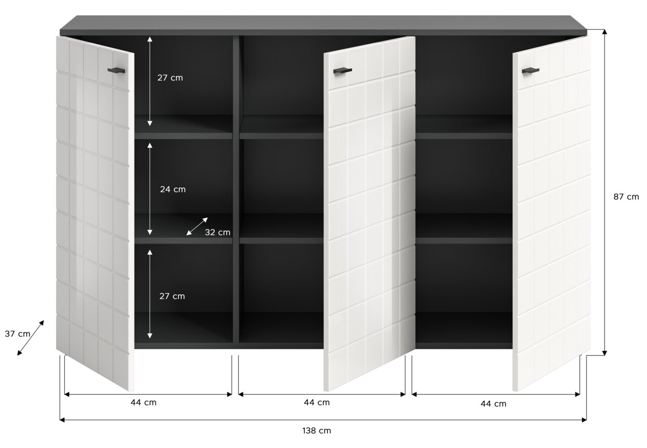 Sideboard mit drei offenen Türen, zeigt Innenfächer und Maße aus der Frontperspektive.