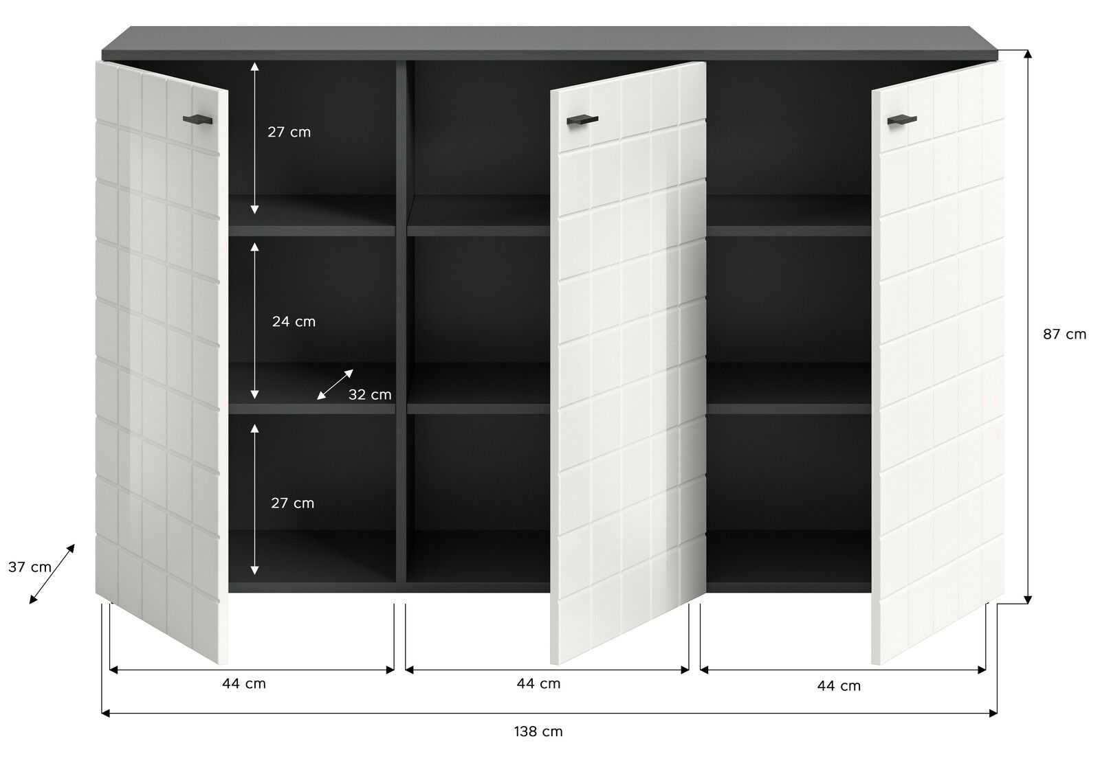 Sideboard mit drei offenen Türen, zeigt Innenfächer und Maße aus der Frontperspektive.