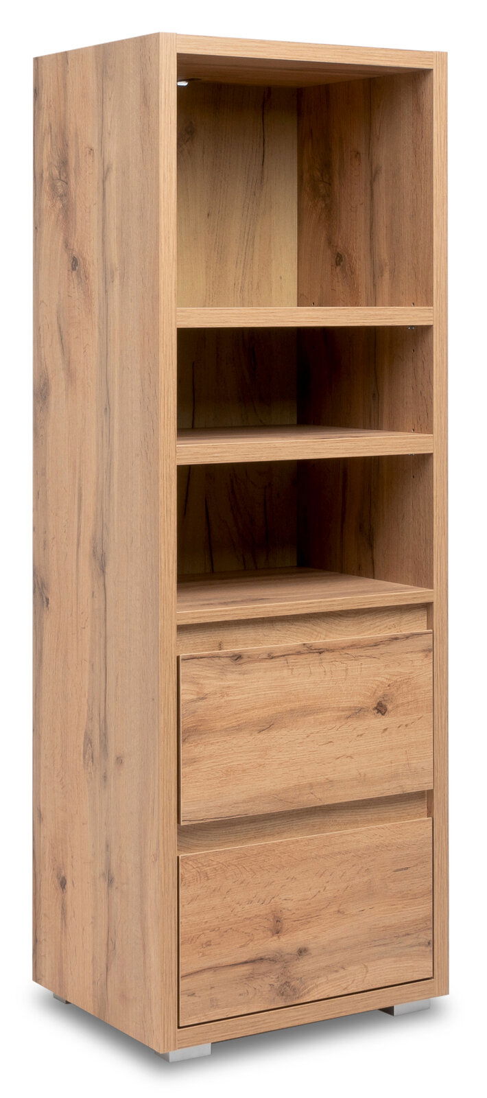 Z2 Regal IMAGE Holzregal mit drei offenen Fächern und zwei Schubladen, seitliche Perspektive