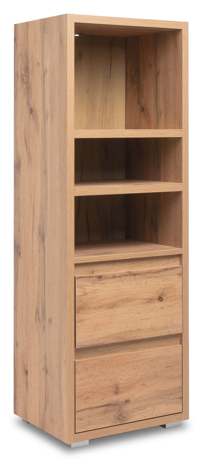 Holzregal mit drei offenen Fächern und zwei Schubladen, seitliche Perspektive