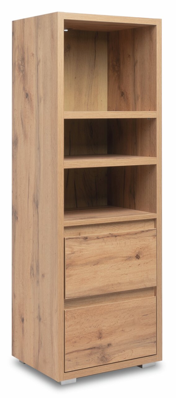Holzregal mit drei offenen Fächern und zwei Schubladen, seitliche Perspektive