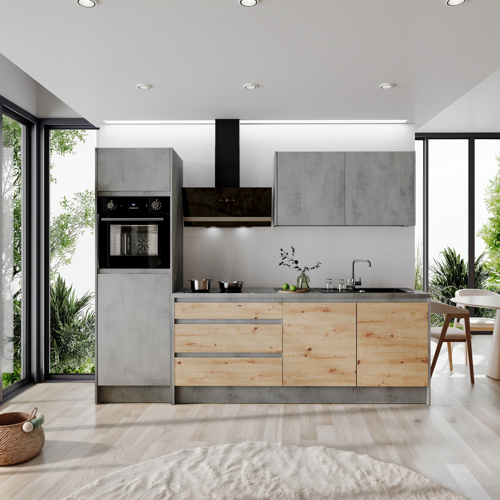 Moderner Küchenblock in Betonoptik mit Holzfronten, ohne Elektrogeräte, aus der Frontalperspektive fotografiert.