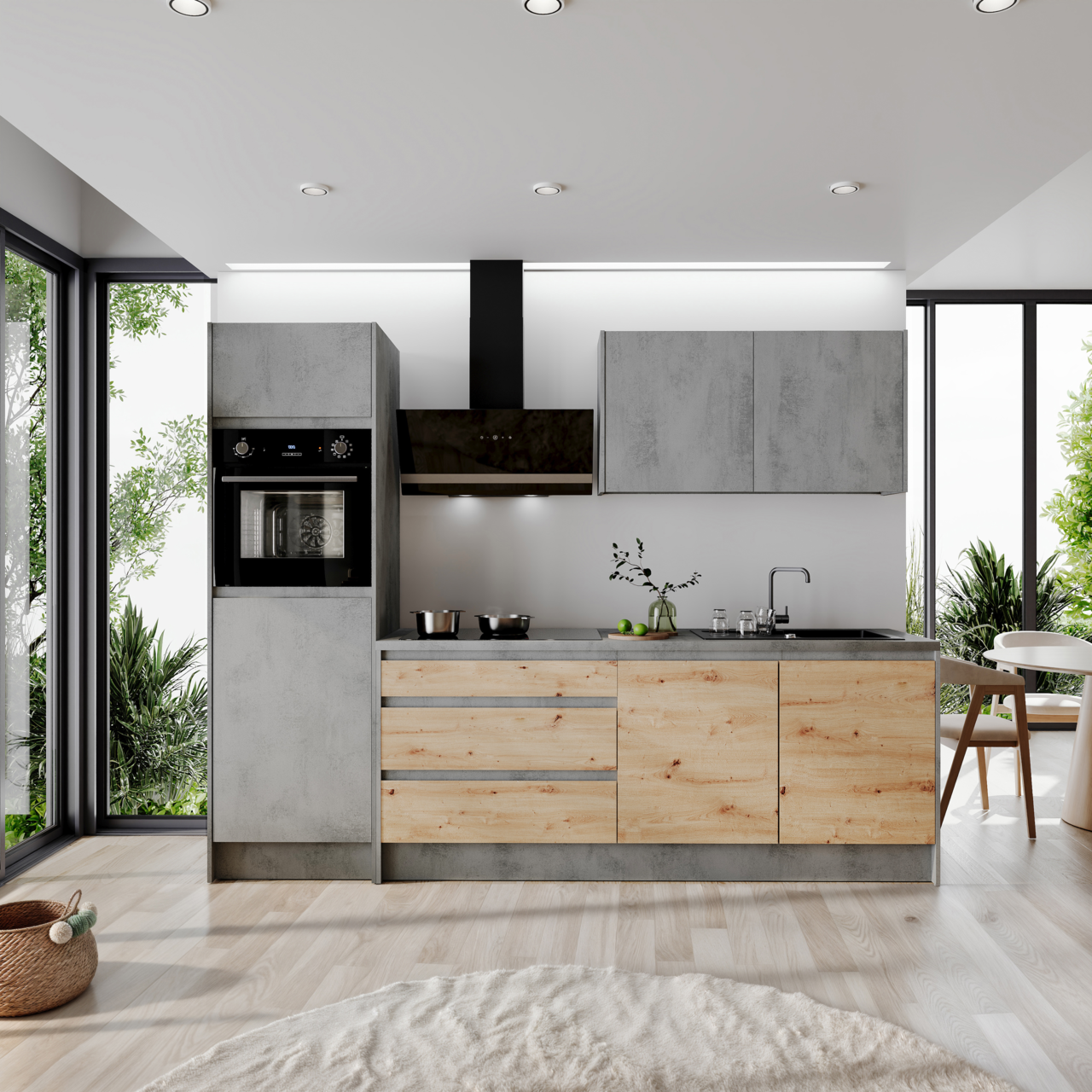 Moderner Küchenblock in Betonoptik mit Holzfronten, ohne Elektrogeräte, aus der Frontalperspektive fotografiert.