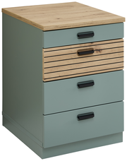 Rollcontainer mit vier Schubladen, aus Holz und Metall, in einer schrägen Perspektive fotografiert