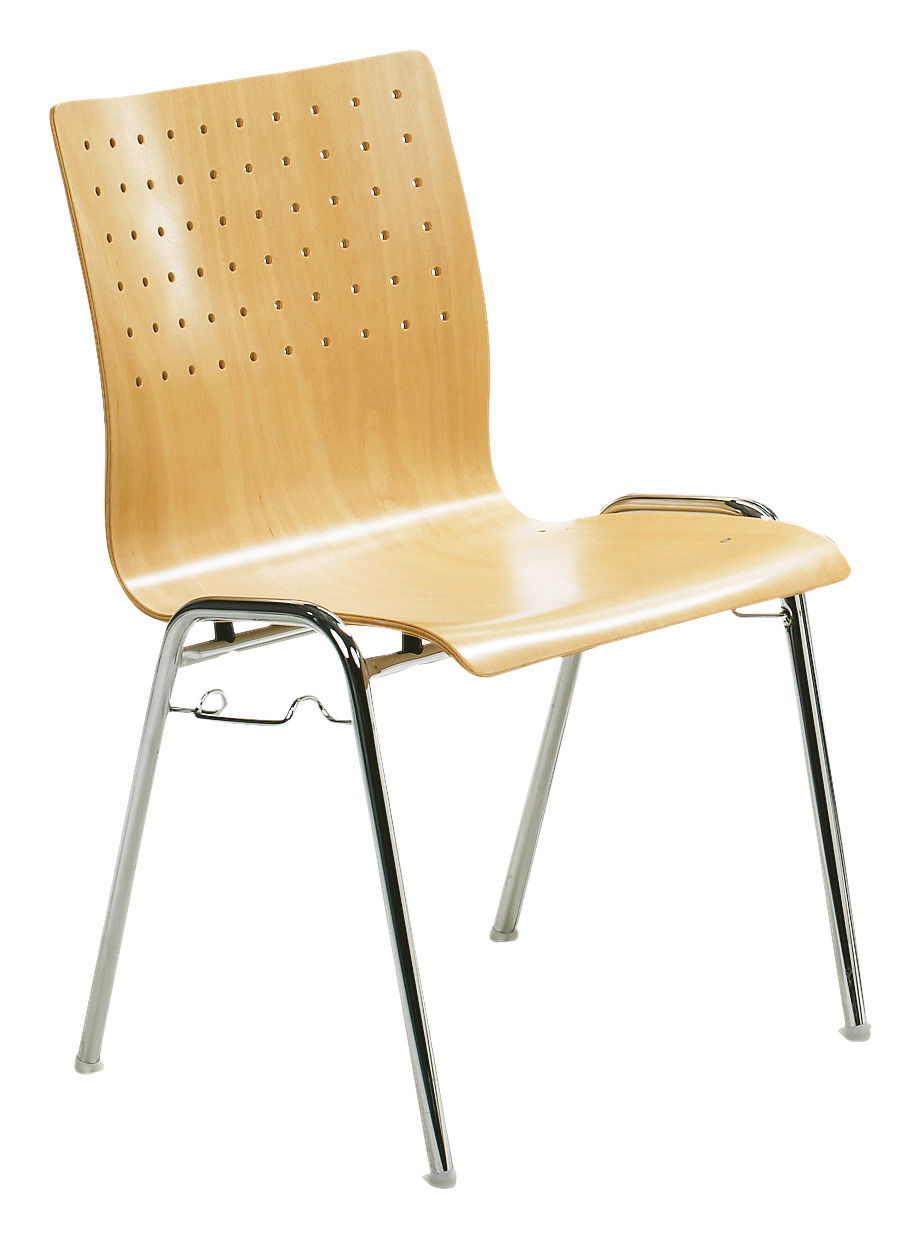 Moderner Stapelstuhl aus Holz mit Metallbeinen, seitliche Perspektive