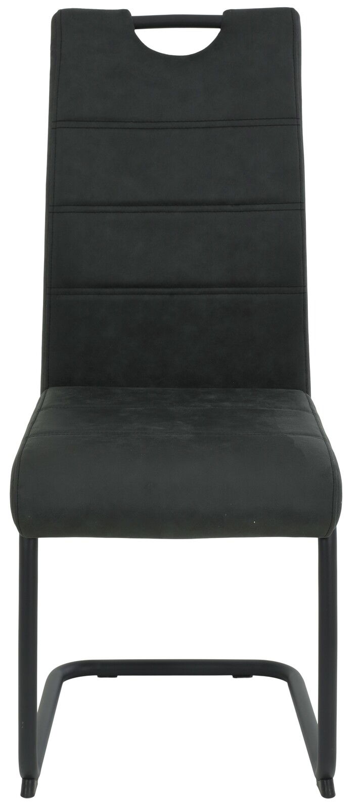 Vorderansicht eines modernen, schwarzen Schwingstuhls mit gepolsterter Rückenlehne und Sitzfläche.