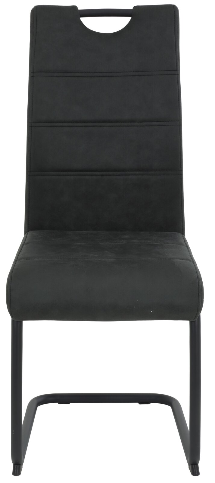 Vorderansicht eines modernen, schwarzen Schwingstuhls mit gepolsterter Rückenlehne und Sitzfläche.