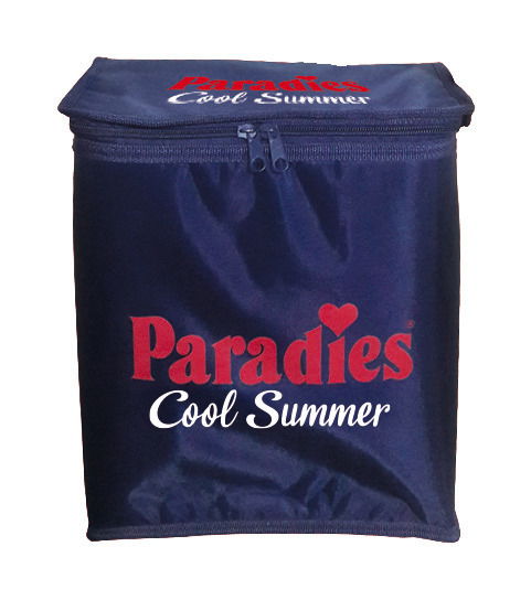 Dunkelblaue Tasche mit Reißverschluss, bedruckt mit 'Paradies Cool Summer' in roter und weißer Schrift, frontal abgebildet.