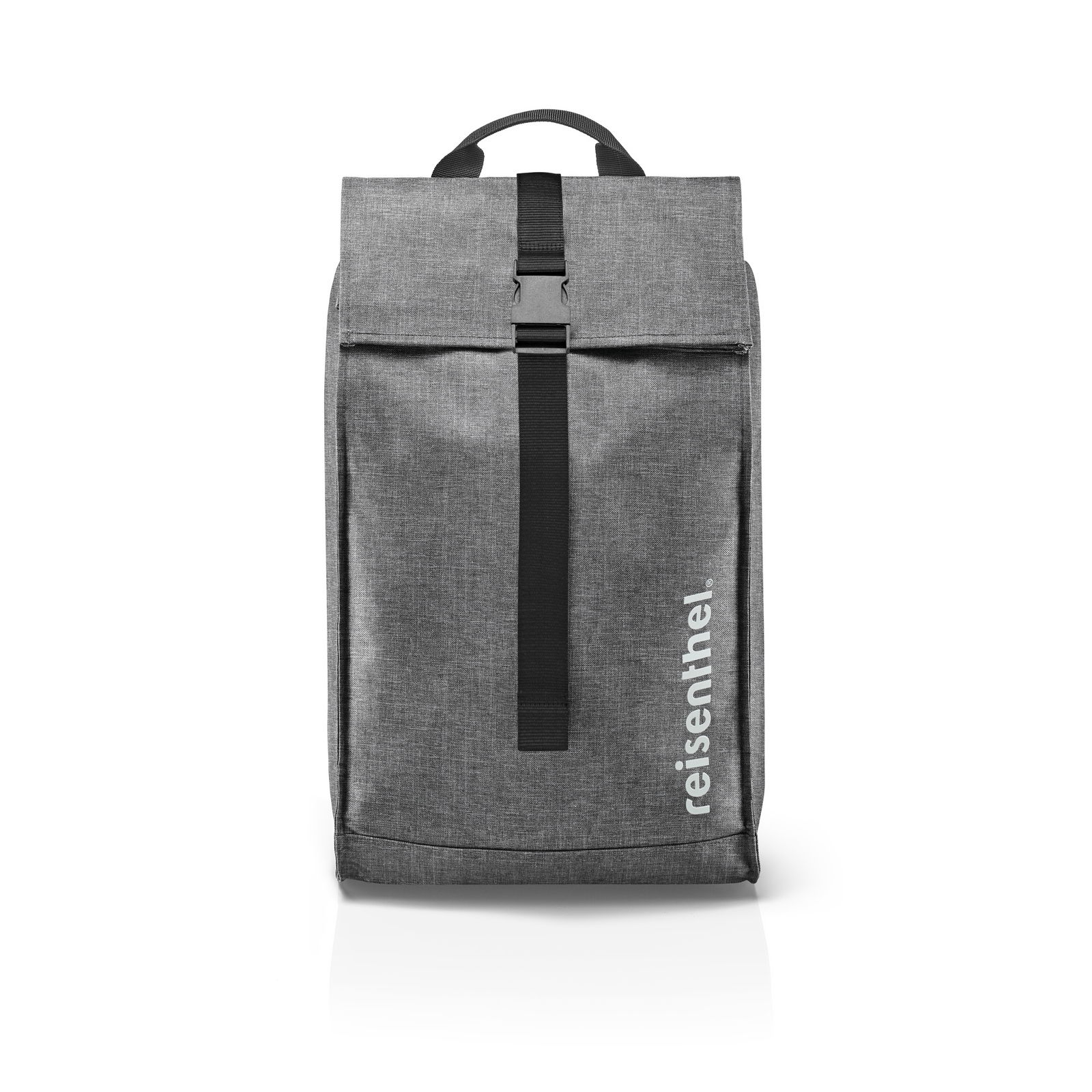 Grauer Citycruiser Twist Silver Rucksack von vorne mit schwarzem Riemen und 'reisenthel' Schriftzug.