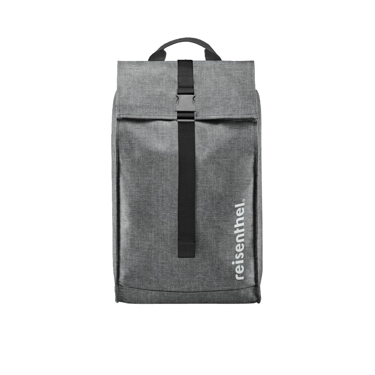 Grauer Citycruiser Twist Silver Rucksack von vorne mit schwarzem Riemen und 'reisenthel' Schriftzug.