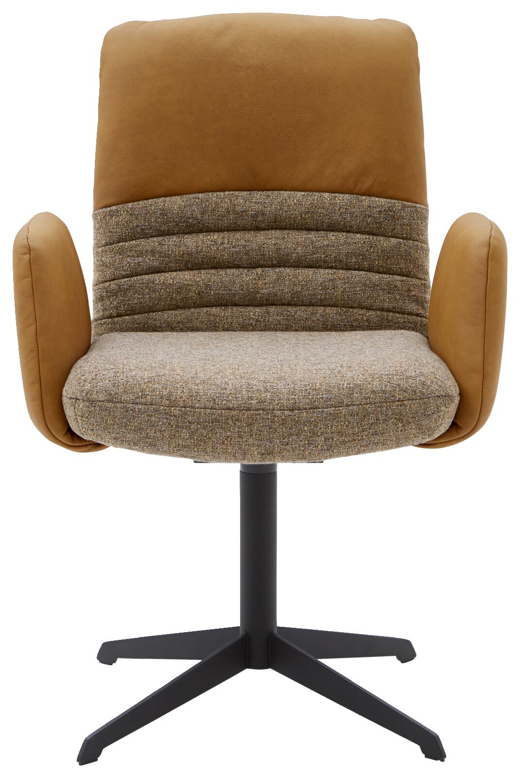 Vooraanzicht van een moderne fauteuil met bruine stoffen bekleding en een zwart metalen onderstel.