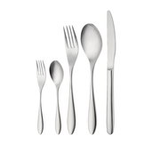 Besteckset 30-tlg. aus Edelstahl, bestehend aus Messer, Gabel, Löffel, Kuchengabel und Teelöffel, frontal abgebildet.